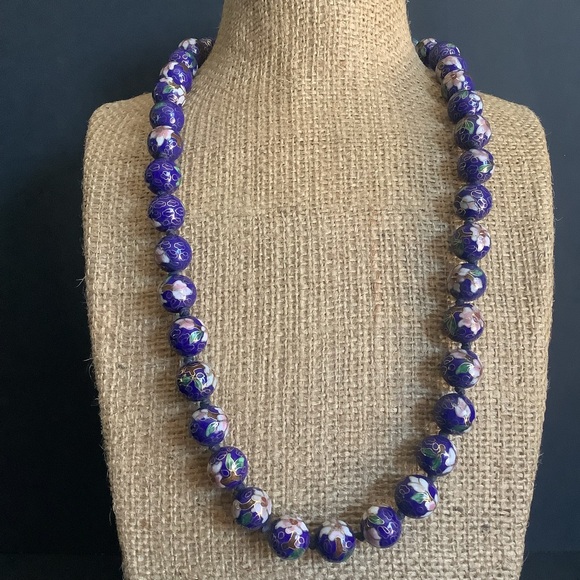 Vintage 14mm Chinese cobalt blue cloisonne beaded necklace.